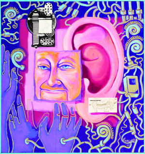 Face with large ear. Cochlear implants surround it with hands in foreground.