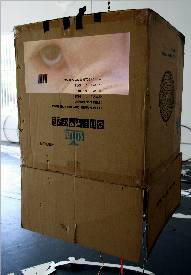Large cardboard box with TV screen featuring an eye.