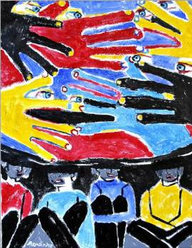 Colorful hands above four people sitting under a table