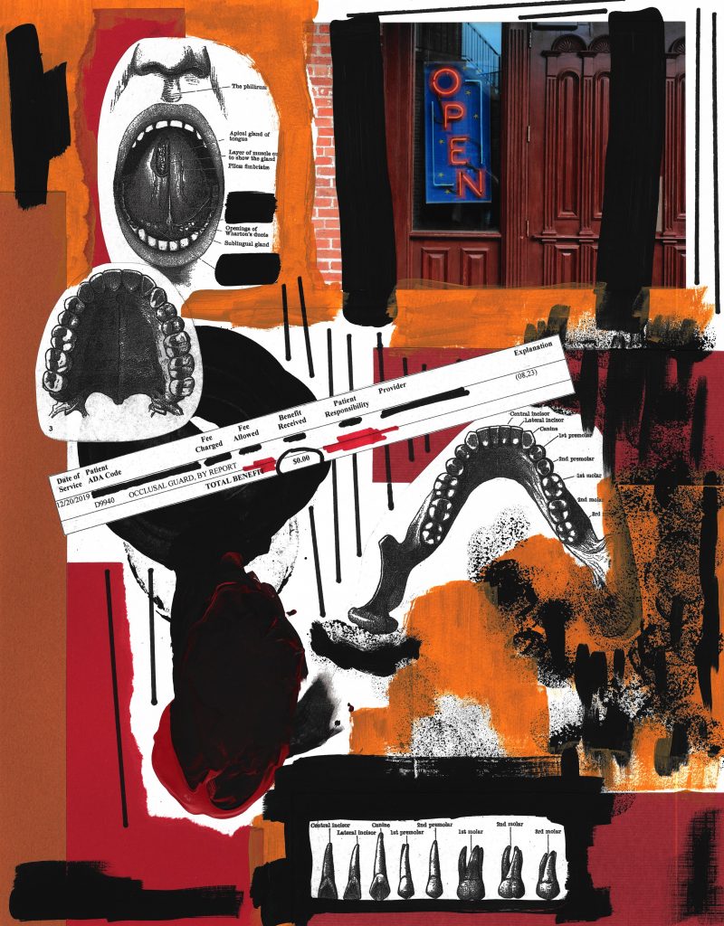 A collage with a yellow, red, black, and brown background, black and white images of mouths and teeth, and a photograph of a door with a blue OPEN sign in the window