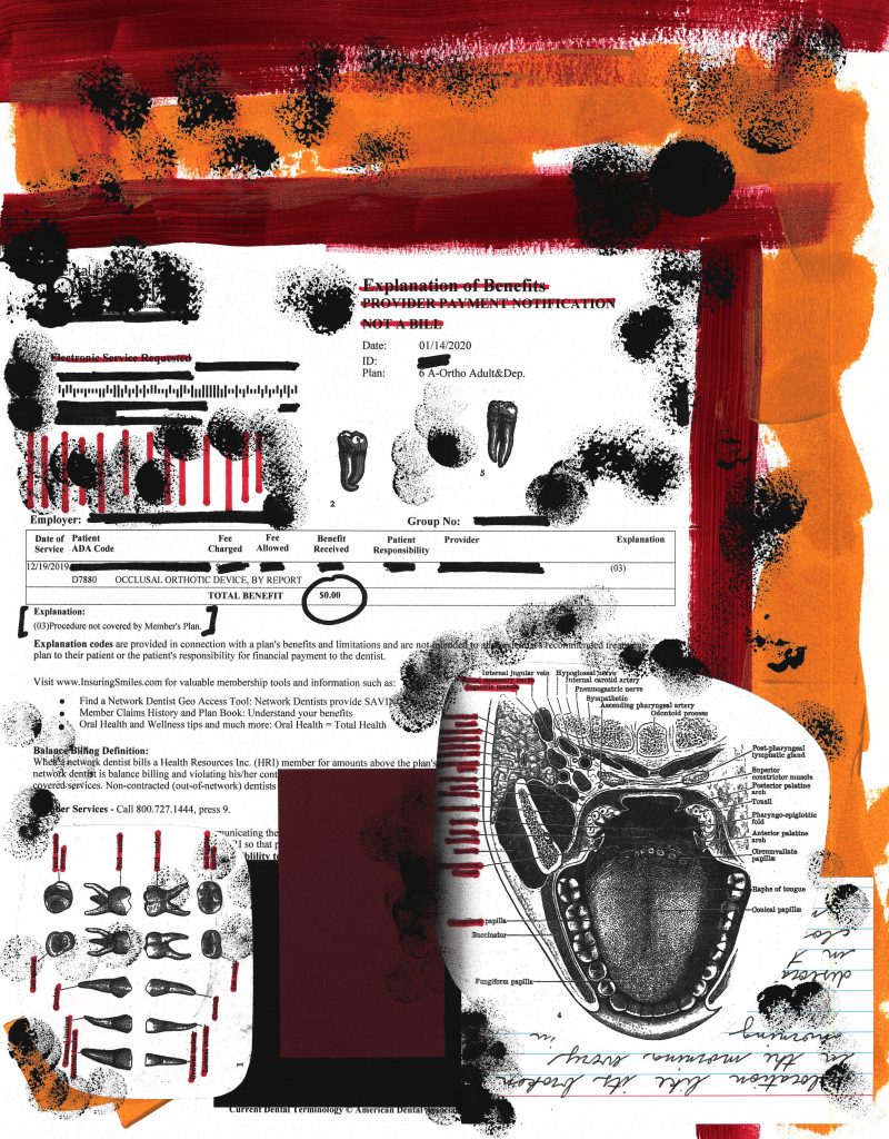 A collage with a yellow and red background, black and white images of mouths and teeth, and a redacted insurance form stating that the patient has been denied dental coverage