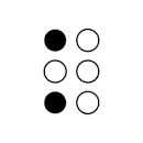 six-dot braille cell, with dots one and three filled in, representing the braille letter K