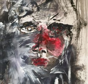 Self portrait of the artist during a lupus flare, acrylic and watercolor on sketching paper, dimensions of the original 11.7 x 16.5 in)