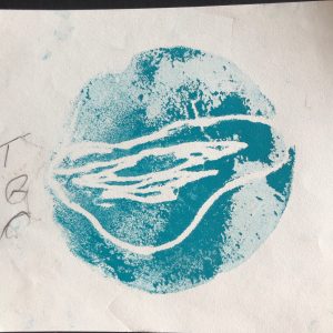 Amazing Ocean: A print with a round disc of turquoise color, speckled with white, and interrupted by a series of white abstract ovals inlaid with another white oval.