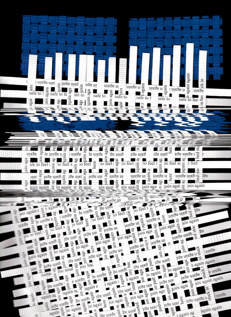 A scanner photograph of a paper woven bed. The pillows are made of blue paper strips, while the “covers” are of white paper strips with the words and phrases: “again,” “to feel,” “safe to,” “here,” “stuck in bed,” “pain pathways,” and “rooted at the small of my back” repeated on different strips. There are several glitches throughout the visual poem that distort portions of the woven bed.
