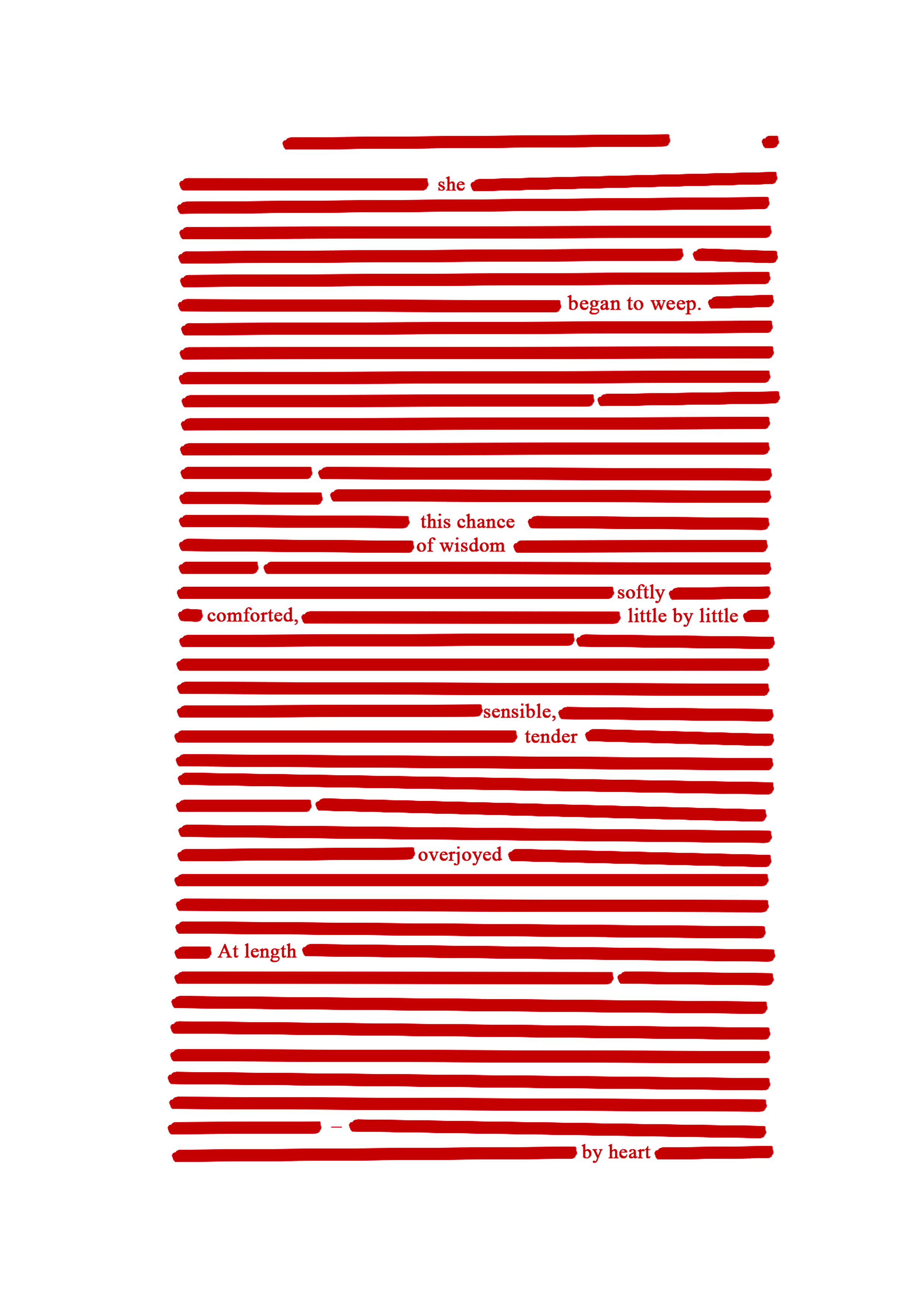 An A4 page with white background and deep red lines drawn over pre-existent text (also in deep red) to create a blackout poem.