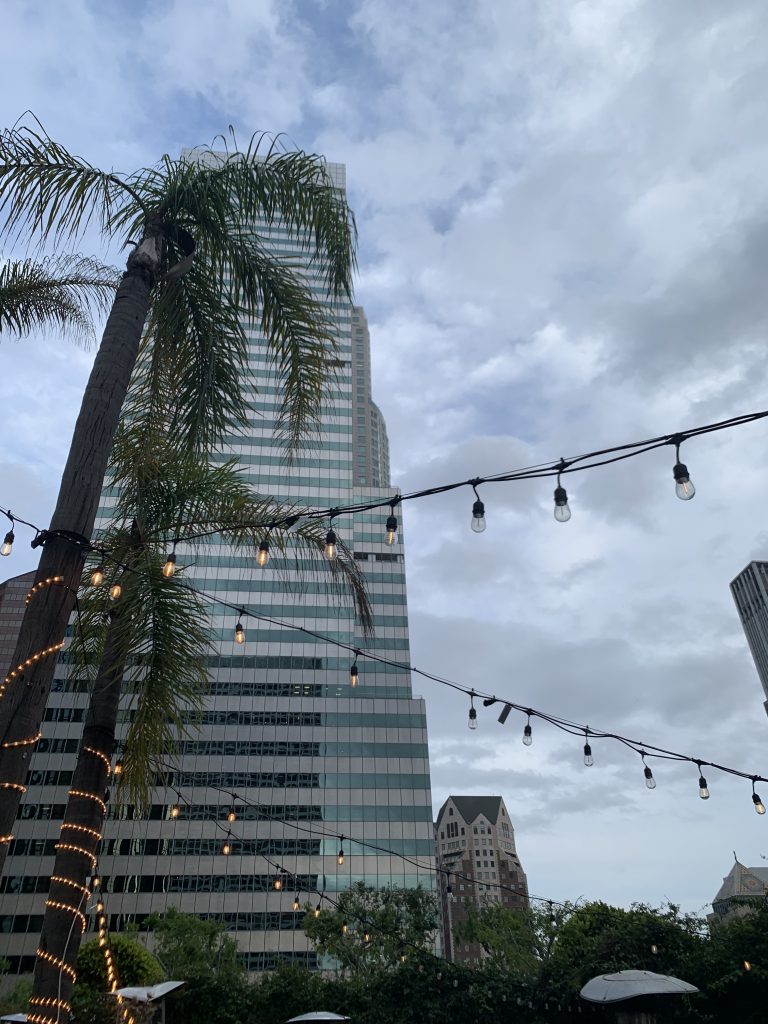 alt-text/image description: skyline view from the outdoors patio space behind the Westin Hotel at Figueroa Street in Los Angeles. The sky is cloudy, and strings of lights criss-cross in front of a palm tree on the left with the FourFortyFour South Flower skyscraper towering in the background.
