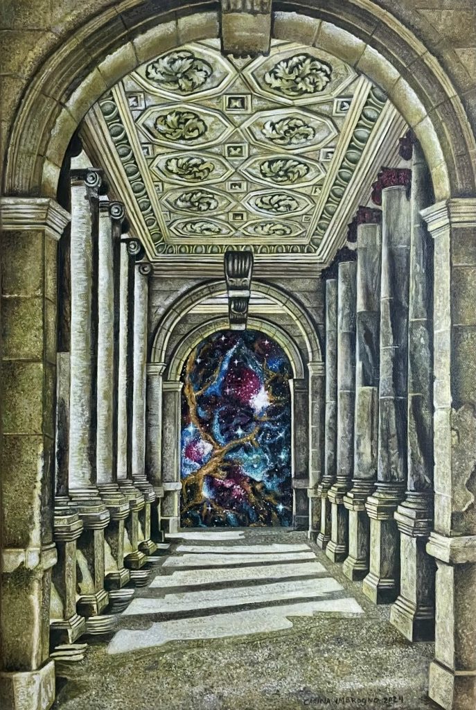 “Portal” (2024), Acrylics on canvas, 12” x 18”; a photorealistic colonnade with fluted stone columns on plinths, framed by a Roman arch. The coffered ceiling features octagonal panels with rosettes and egg-and-dart molding. The colonnade of shadows leads to a portal to the cosmos onto a nebula of stars. Historical architecture is used to frame survival. The stones become a metaphor, and the universe becomes the exit. The painting contrasts classical structure with infinite mystery to explore the threshold between the infinite and the eternal.