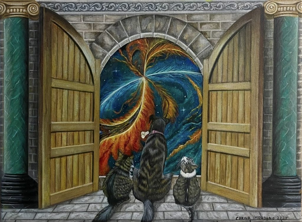“Sixth Sense” (2025), acrylics on canvas, 12” x 16”; a realistic painting of a classical stone portico with two Ionic columns in green marble. An arched wooden door reveals a swirling cosmic scene of stars, a fiery feather, and teal clouds. A dog and two cats sit at the threshold on a stone floor gazing into the infinite. It is a painting about thresholds between the built and the unknowable, the earthly and the eternal.