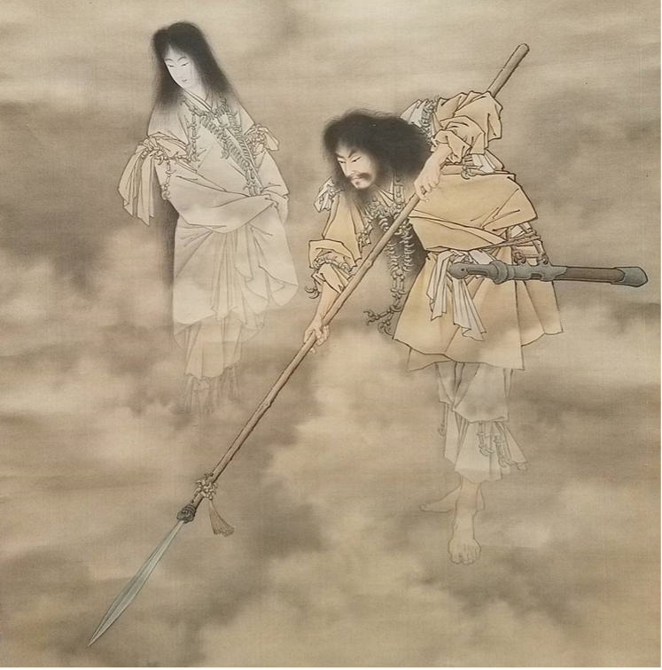Izanagi and Izanami by Kobayashi Eitaku (1843–1890). These are the divine parents who set their firstborn child, Hiruko, adrift in a reed boat. Public domain.