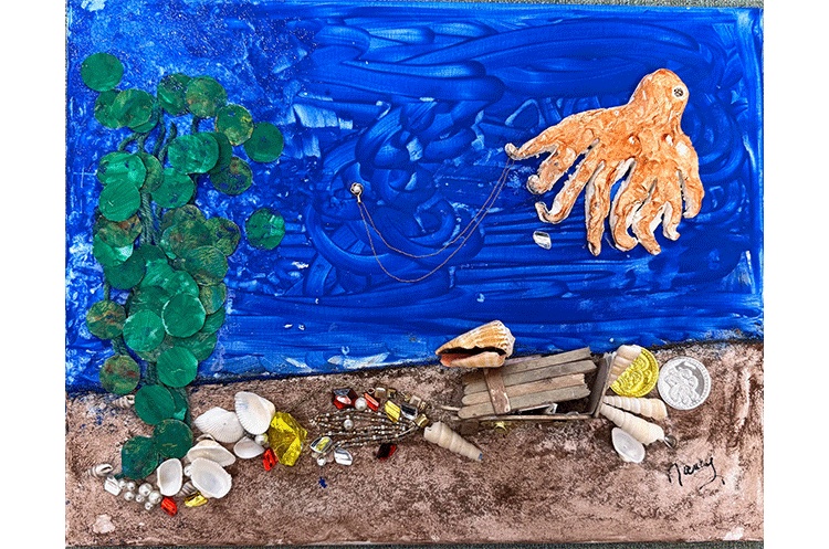 "Thief" shows an octopus absconding with a piece of jewelry from this shipwreck. I used foam clay to create the octopus and popsicle sticks to create the treasure chest.