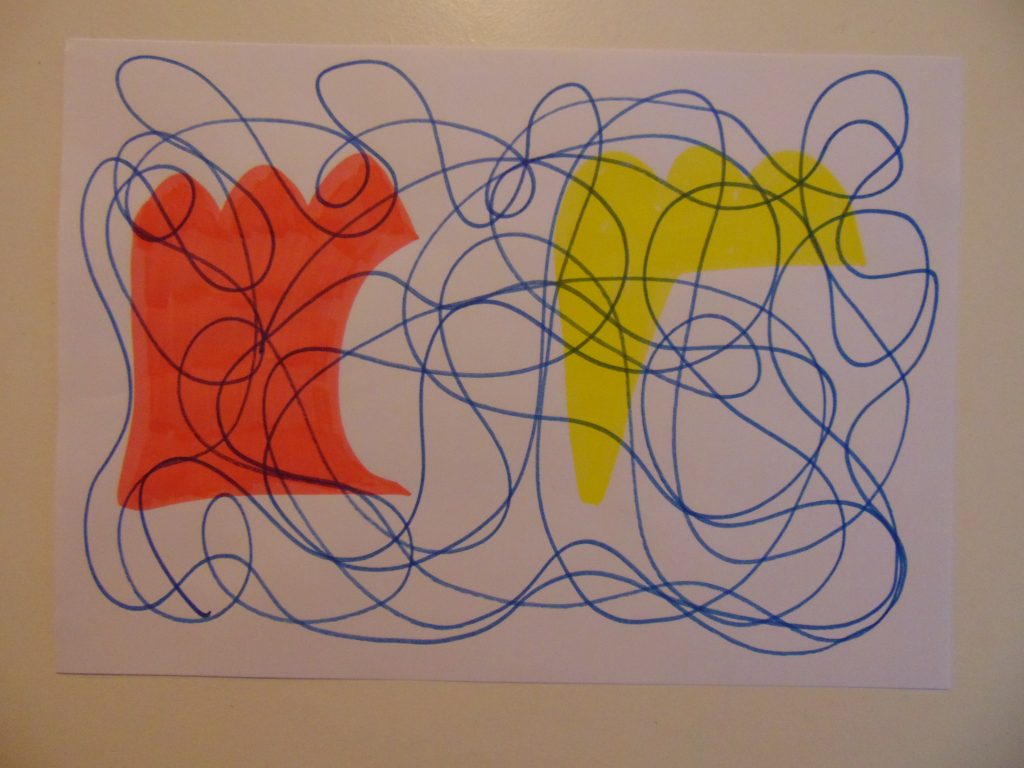 A wide orange blob on the left of the page and a thinner yellow blob on the right. The orange blob is made of curves whereas the yellow blob is sharper. There is a thin blue line scribbled over the blobs. The thin blue line goes over and around the blobs. Composition No 2151 is ink on paper and it is A4.